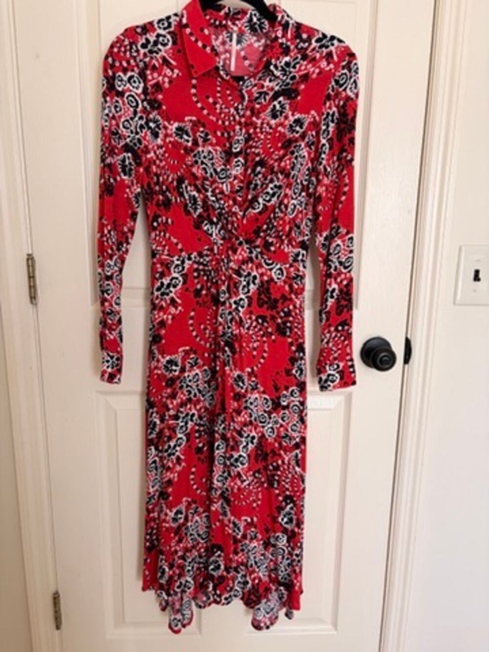 Free People Red Floral Paisley Midi Shirt Dress Size 2